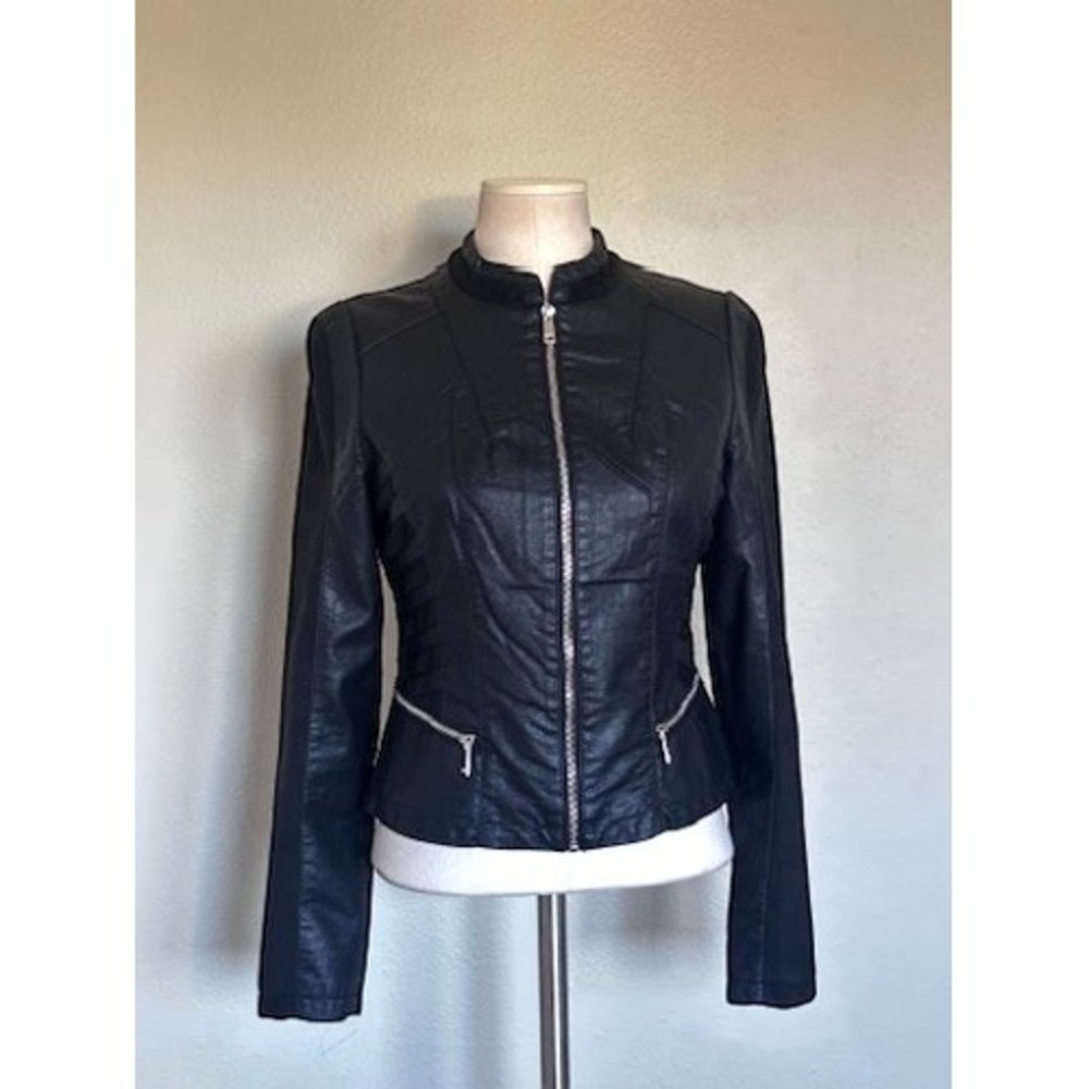 Black Faux Leather Moto Jacket Mixed Media Zip Up Stand Collar XS NWT‎